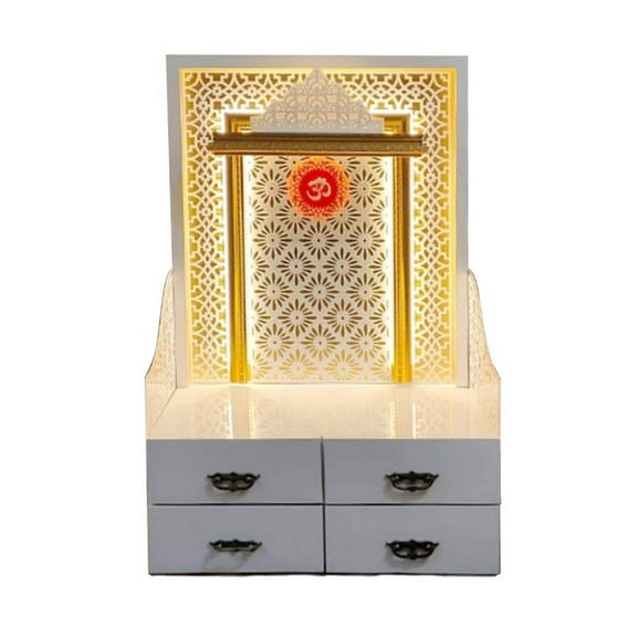 White Wooden Temple For Home With LED Lights / Designer Mandir With Drawer Cabinets / Pooja Mandir /Pooja Mandap/Pooja Ghar /Hindu Temple