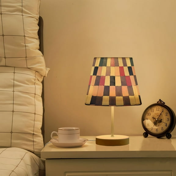 Yayeee Mini Table Lamp 10.8" Dimmable with Fabric Shade 3 Color Temperatures, Pink and Purple Plaid Pattern