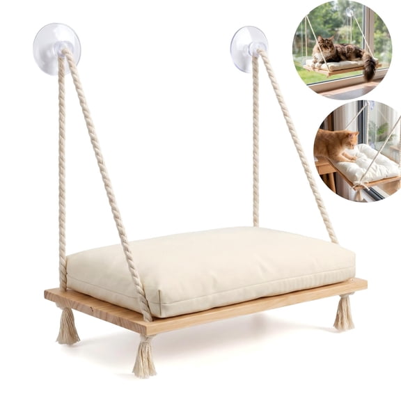 Cat Window Perch, Industrial-Grade Suction Cups Cat Window Hammock Bed, Solid Pine Wood Cat Seat with Soft Cushion, Sturdy Cat Window Shelf Holds Up to 42 lbs for Indoor Cats Resting Sunbathing