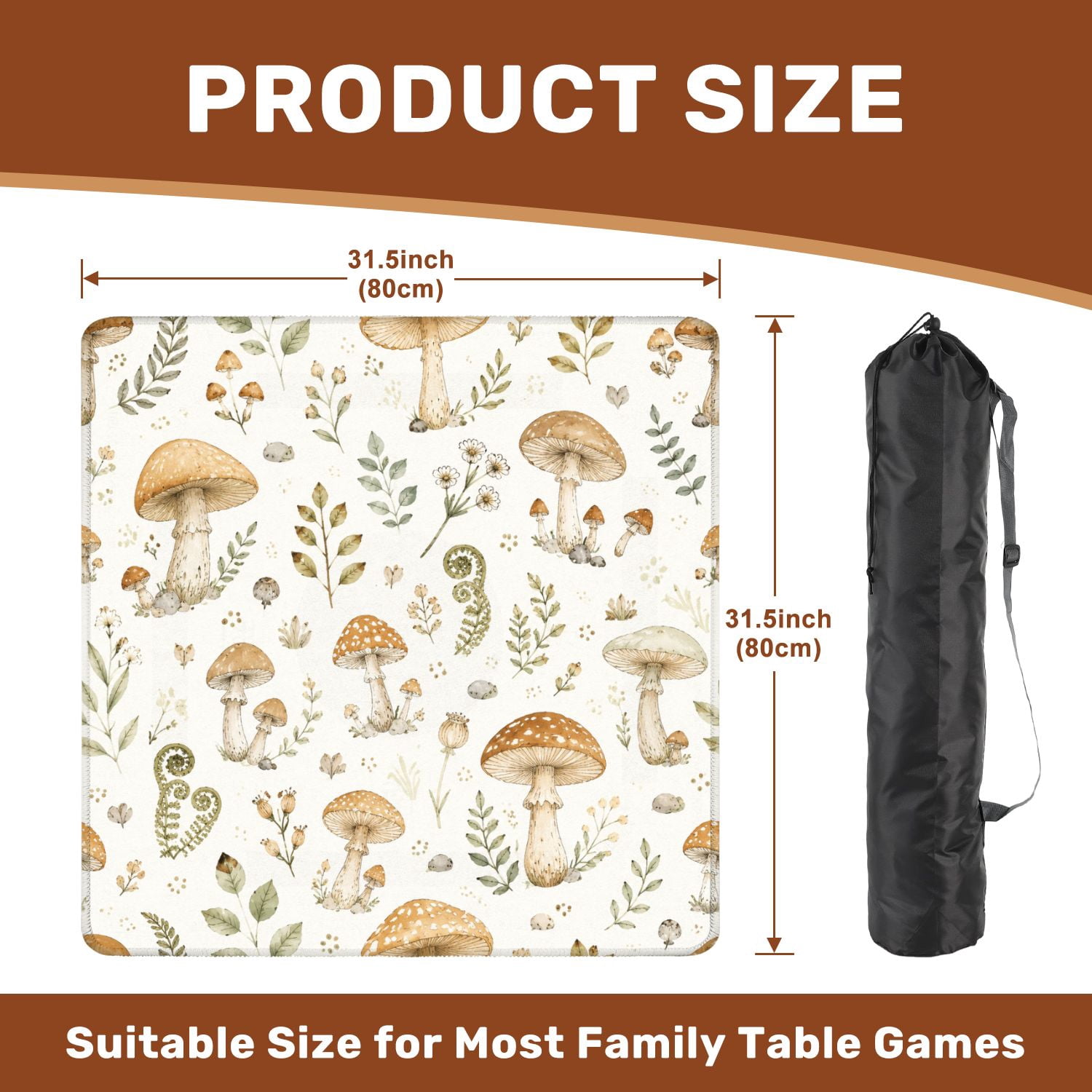 Mahjong Mat 31.5" x 31.5" Whimsical Mushroom Botanical Earthy Tones Non-Slip Noise Reduction American Mahjong Tiles Table Cover for Dominoes Poker Card Board Games Gift