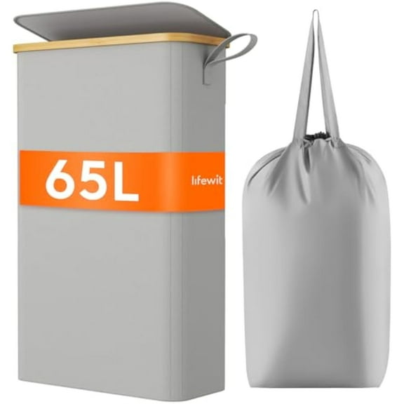 65L Slim Laundry Hamper with Lid, Narrow Laundry Basket with Removable Bag & Bamboo Handles, Fodable Thin Dirty Clothes Hamper for Laundry Collapsible Bin for Bathroom Bedroom Dorm,Silver Grey