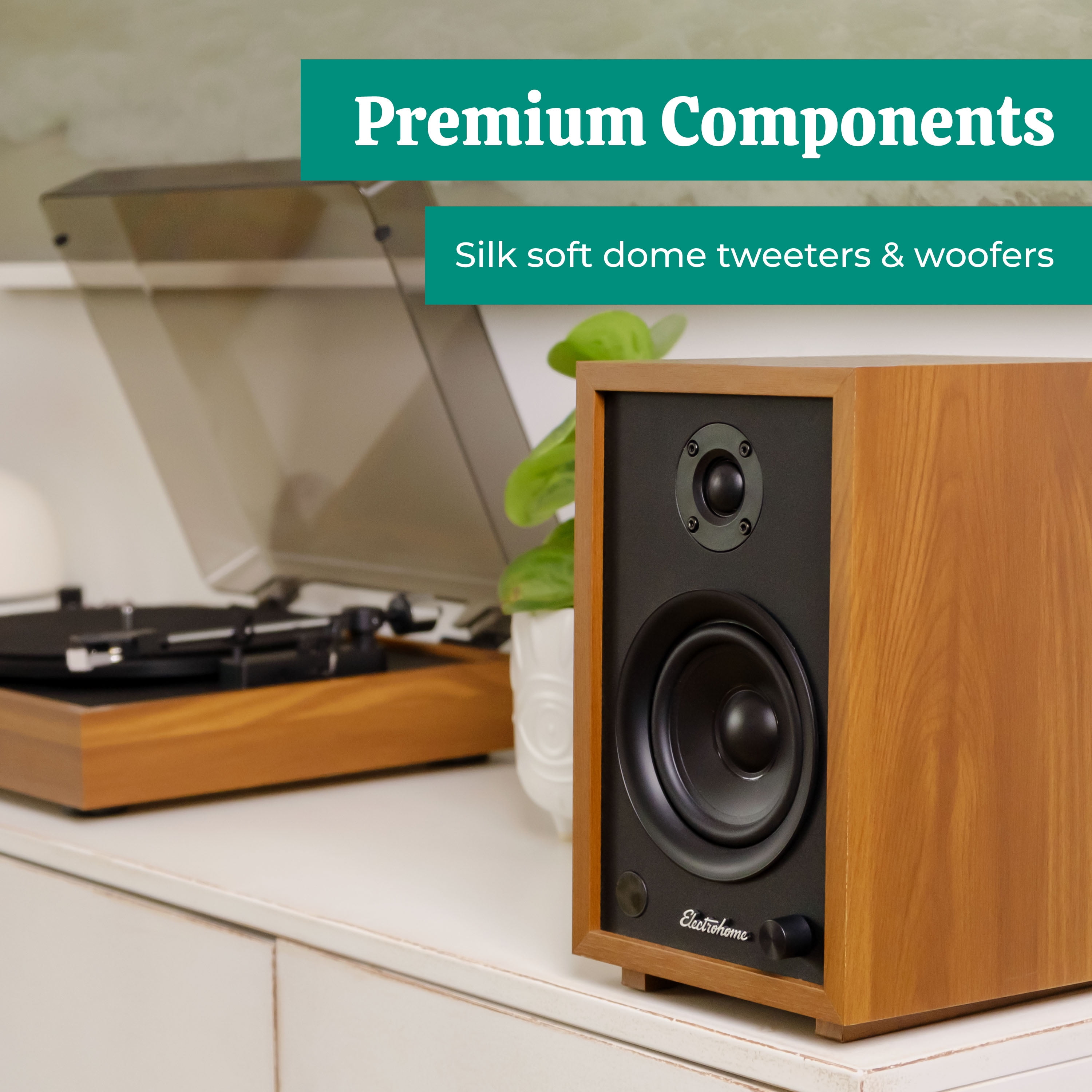 Electrohome McKinley 2.0 Stereo Powered Bookshelf Speakers with Built-in Amplifier and 4" Drivers for Turntable, TV, PC and Wireless Music Streaming featuring Bluetooth 5, RCA and Aux (EB30)