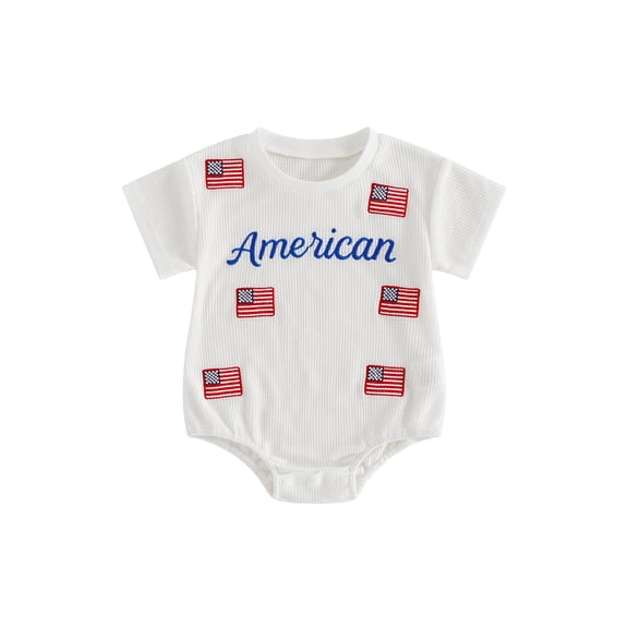 BemeyourBBs Newborn Baby Boy Girl 4th of July Outfit Patriot Independent Day Summer Clothes Infant Baby Bubble Romper Letter Star Flag Embroidery Short Sleeve Bodysuits Jumpsuits