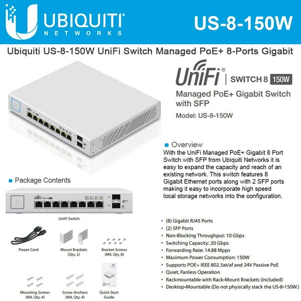 Ubiquiti Us 8 150w Unifi Managed Poe 8 Ports Gigabit Switch With Sfp 150w Walmart Com Walmart Com