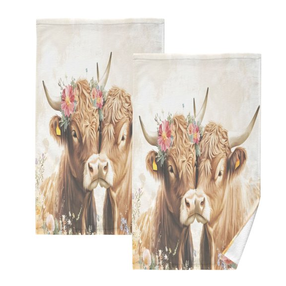 Ryvnso Highland Cows Cotton Hand Towels Sets Face Towel 2 PCs Bathroom Decorative