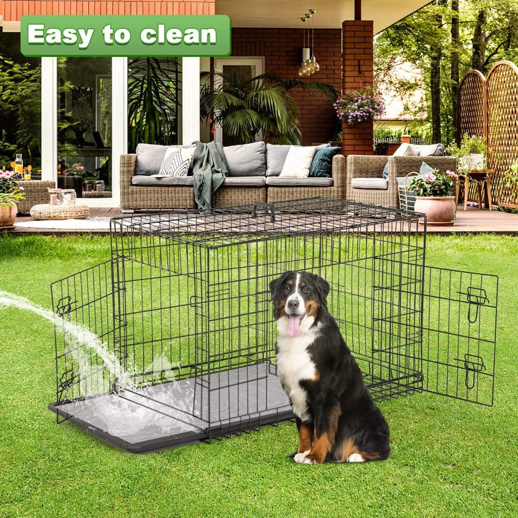 42 Dog Crate Dog Cage Kennel for Large Medium Dogs 48/42/36/30 Inches Pet Playpen Folding Indoor Outdoor Double Door Travel Metal Dog Pen with Plastic Tray 
