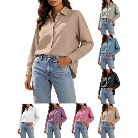 Button Down Shirts for Women Cotton Oxford Shirts Long Sleeve Dress Shirts Work Casual Solid Tunic Tops Collared Blouse Linen Tops