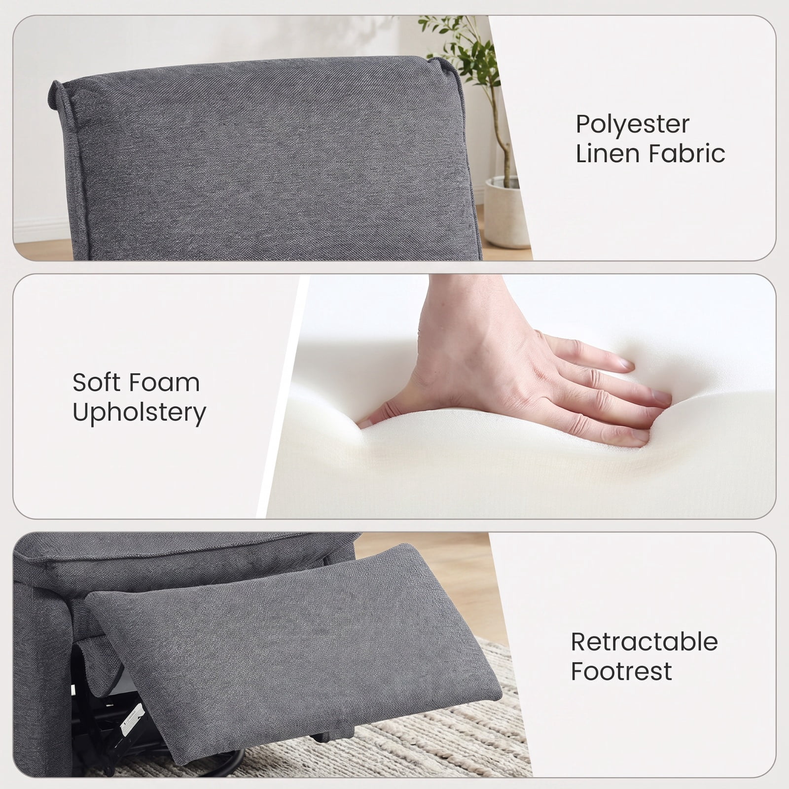 Furnibear 360 Degree Swivel Rocking Recliner Accent Chair with Padded Back Extendable Footrest and Polyester Linen for Living Room and Nursery, Gray