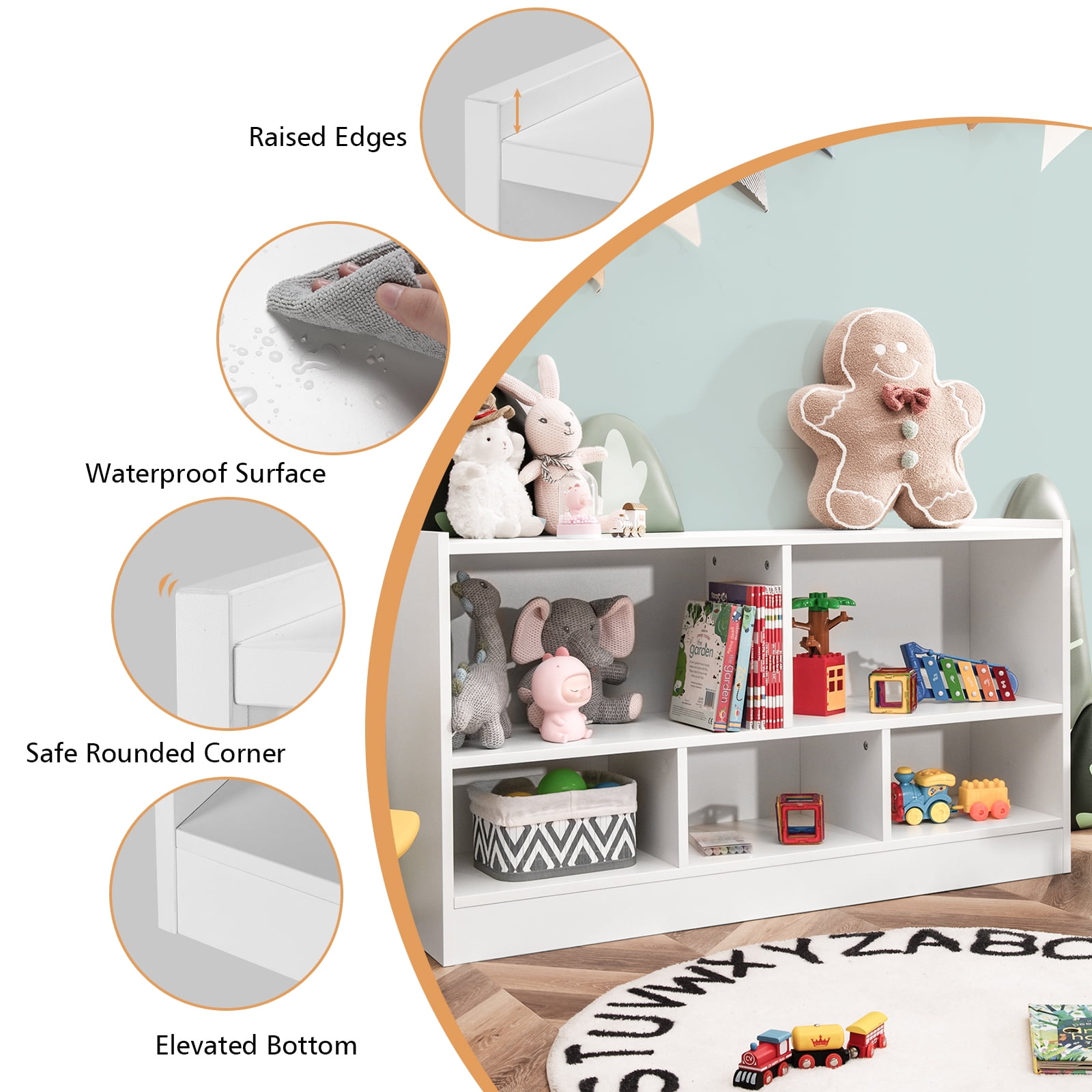 Infans Kids 2-Shelf Bookcase 5-Cube Wood Toy Storage Cabinet Organizer White