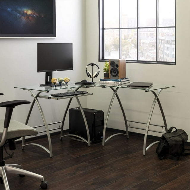 Manor Park Modern Corner Glass Computer Desk and Gaming Desk - Silver