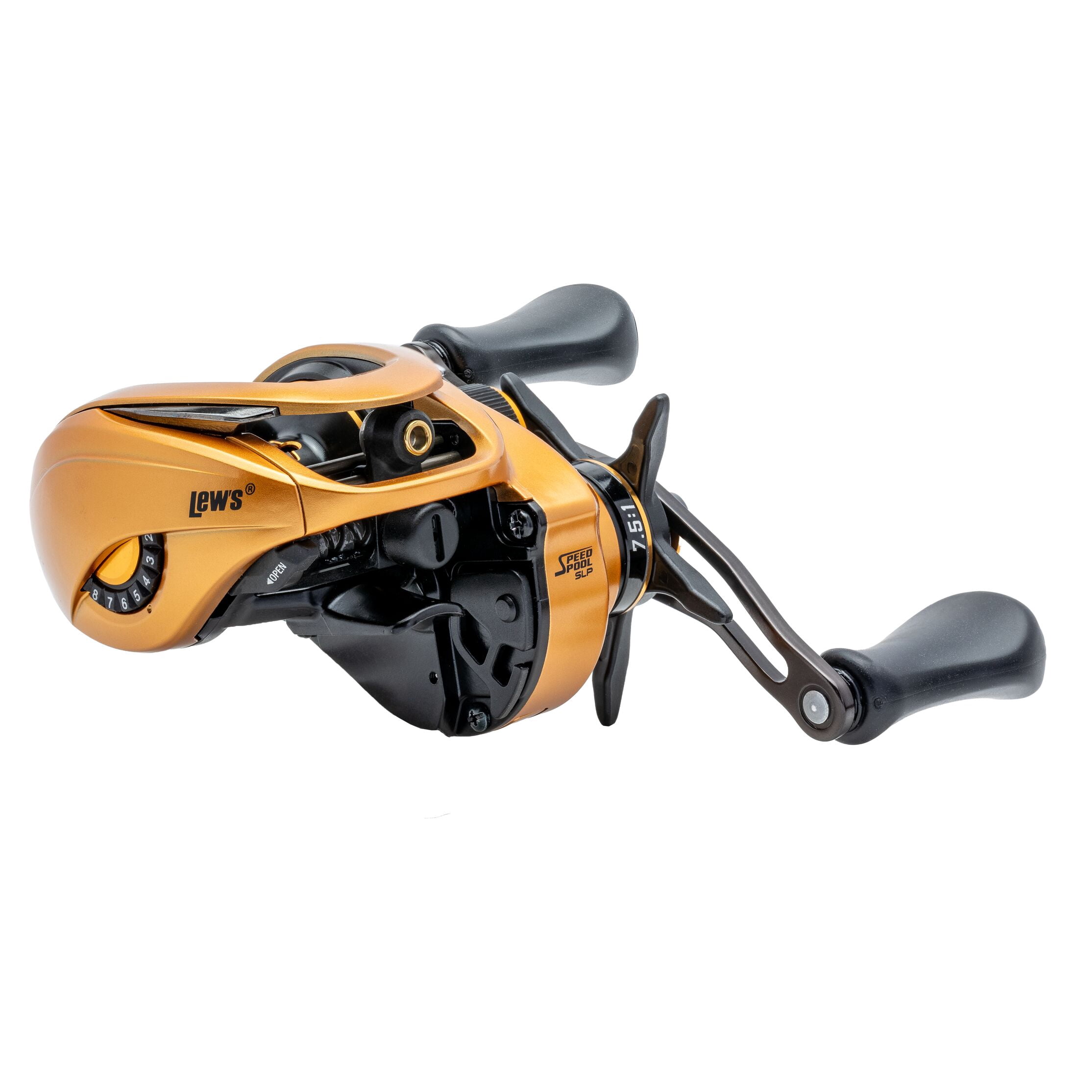 Lew’s Custom Pro Baitcast Fishing Reel, 10+1 Bearings, 7.5:1 Gear Ratio, Aluminum Frame and Sideplate, ParaMag ITB Brake, Aluminum Speed Gears, Carbon Fiber Drag, Left-Hand Retrieve, Gold/Black
