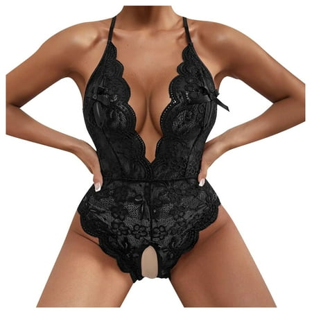 

BIZIZA Womens Deep V Neck Sleepwear Bodysuit Babydoll Sexy Teddy One Piece Lace Crotchless Lingerie Black S