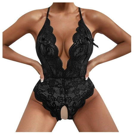 

Knosfe Lace Teddy Lingerie for Women Sexy Crotchless Bodysuit Eyelash Deep V Babydoll XL