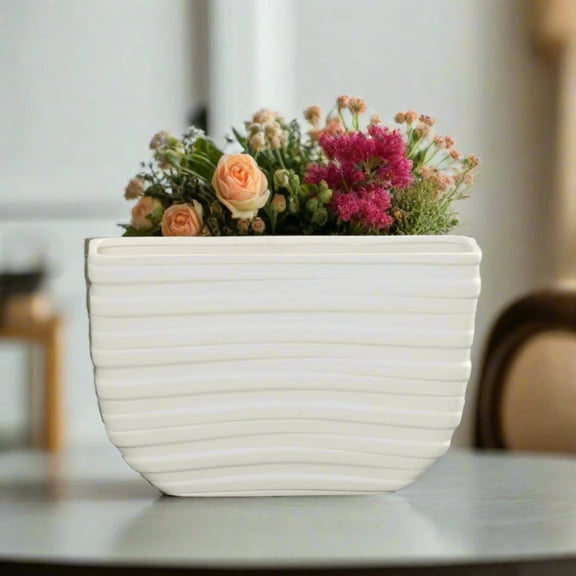 Marcelline White Ceramic Banded Rectangle Pot
