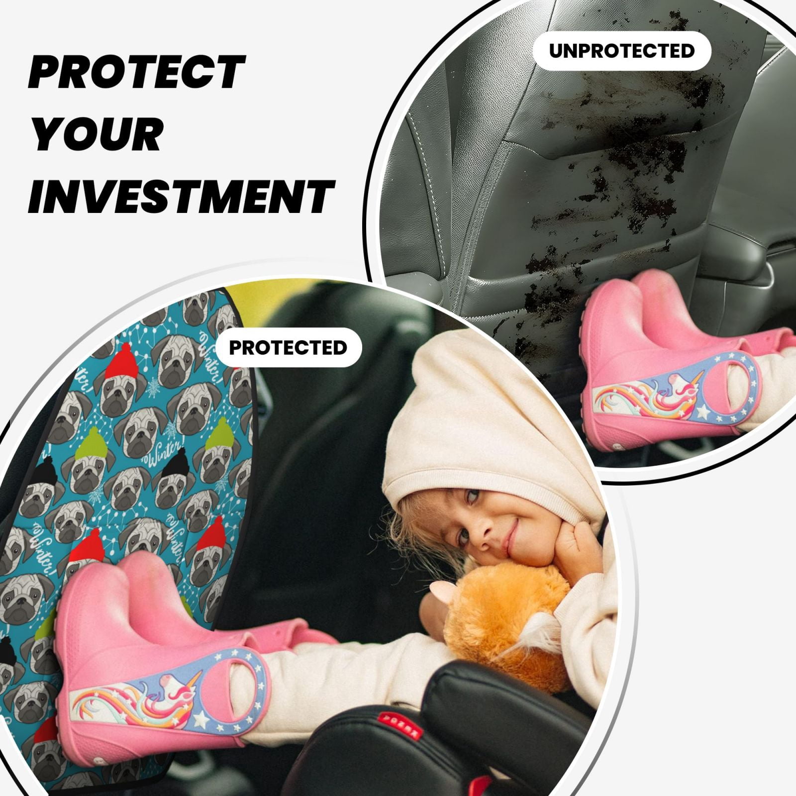Kdxio Christmas Hat Cute French Bulldog Print 2 Pack Car Kick Mat Seat Cover Back Protector Mat with Pockets for Organizer Backseat Protector and Storage Anti Kick Pad for Vehicles
