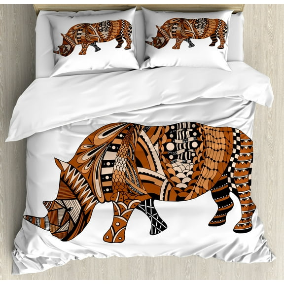 Rhino Duvet Cover Set Queen Size, Doodle Animal Arrangement with an Assortment of Various Geometric Elements on Skin, Decorative 3 Piece Bedding Set with 2 Pillow Shams, Multicolor, by Ambesonne