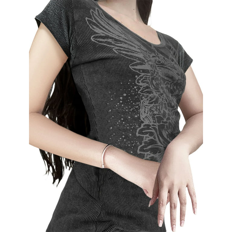 Y2K Aesthetic Fairy Grunge Short Sleeve Shirts Gothic Graphic Slim Fit Tops  Vintage Harajuku 90s E Girls Streetwear