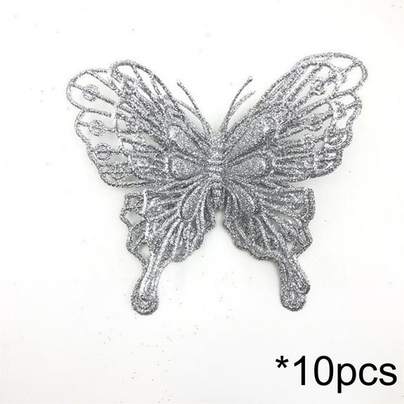 CuiLiyq 10 PCS Christmas Butterflies Decorations, For Tree Wreath DIY Holiday Crafts Glitter Ornaments, For Xmas Party Home Wedding Decor (Silver)