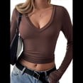 thumbnail image 2 of Camisas de Larga para Mujer, Moda de Otoño, Cuello en V, Básicas, Tops Cortos, Entallados, Y2K, Conjuntos, Ropa. Marrón M, 2 of 8