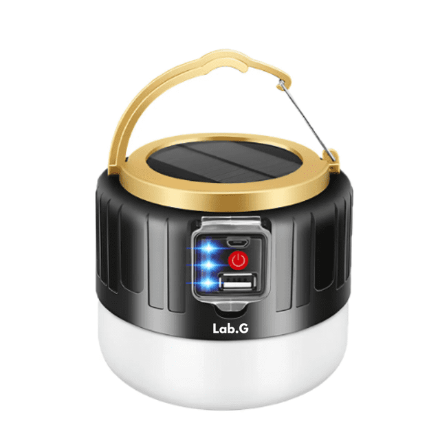 Lámpara Recargable Solar Linterna Camping Lab.G Negra, Dorado y Blanco