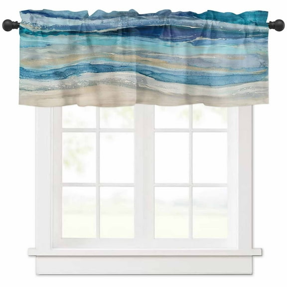 LEOKOTI Valances for Windows, Blue Coastal Light Filtering Window Valance Curtains for Living Room/Bedroom/Bathroom, Summer Beach Nautical Abstract Art Rod Pocket Kitchen Curtains 42"W x 18"L