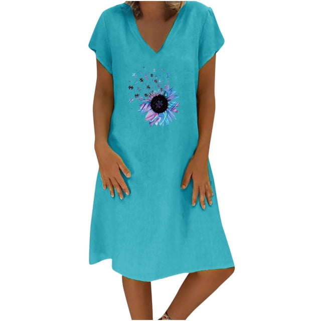Vestidos Para Mujer Vestidos Casuales Moda Suelta Con Cuello en V Estampado de Verano Vestido de Manga Corta de Algodón Y Lino Odeerbi ODB149390
