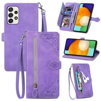 Dteck Case for Samsung Galaxy A52 5G,Magnetic Leather 7 Card Slots Zipper Wallet Case Shockproof Rubber Kickstand Cover with Wrist Strap, Purple
