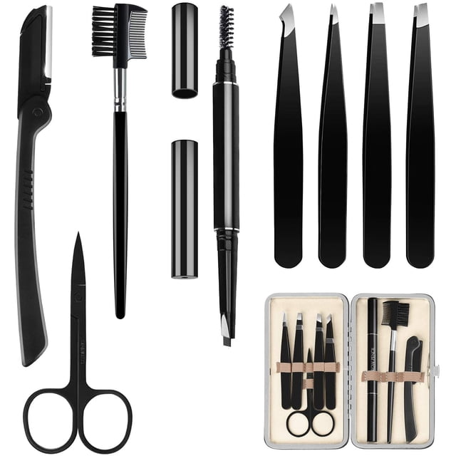 Juego de cejas, pinzas para depilar las cejas, juego de cuidado de cejas de 9 piezas con lápiz de cejas, lápiz de cejas, pinzas, maquinilla de afeitar, cepillo, tijeras