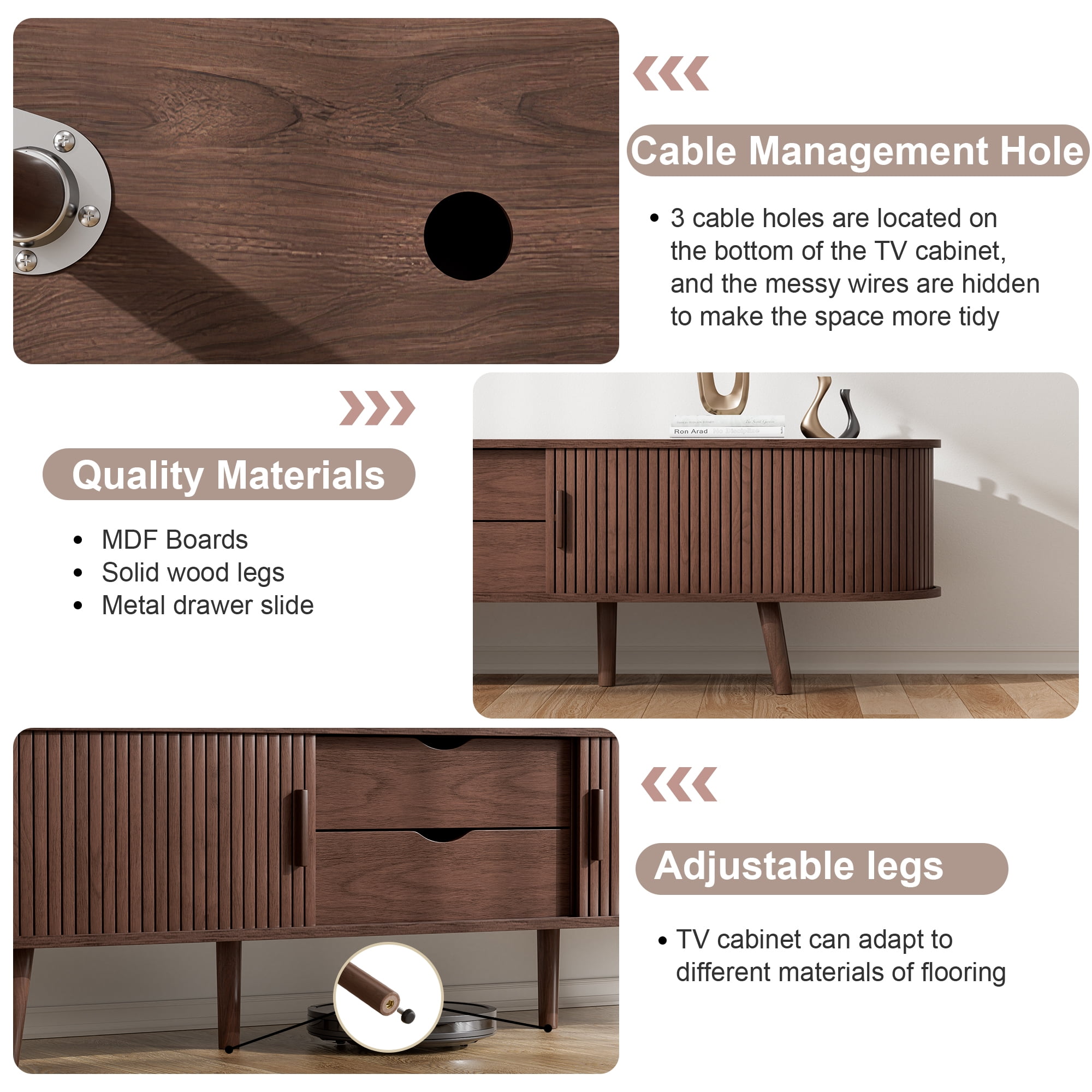69" TV Stand with Charging Station and Drawers fit 65"- 75" TVs. Mid century Modern TV Stand, Wood Entertainment Center for Living Room and Bedroom, Media Console and Modern TV Console Table ,Walnut