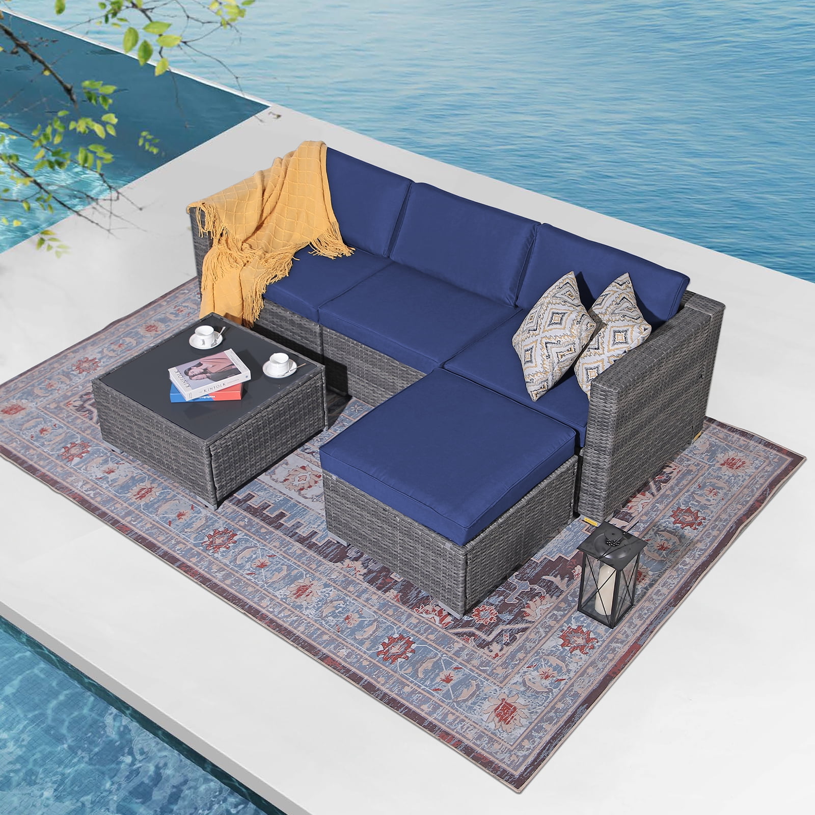 JOIVI 5pc Outdoor Patio Furniture Set PE Wicker Rattan Navy Blue Deck Outside Sofa and Seating Walmart