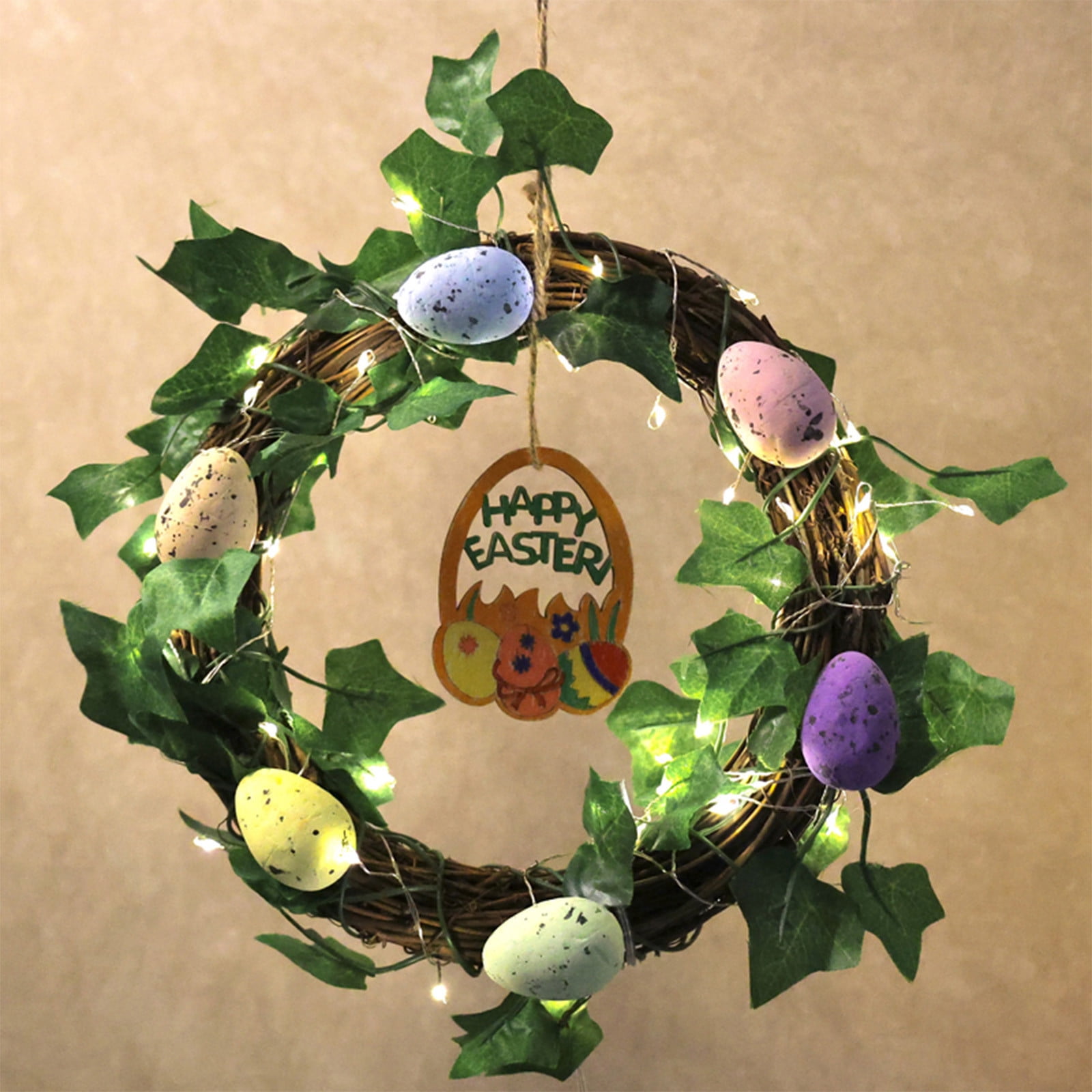 Light Up Easter Wreath with Remote, Battery Operated DIY Paint Your Own Easter Egg & Bunny Rabbits Wreath for Door Spring Holiday Decor