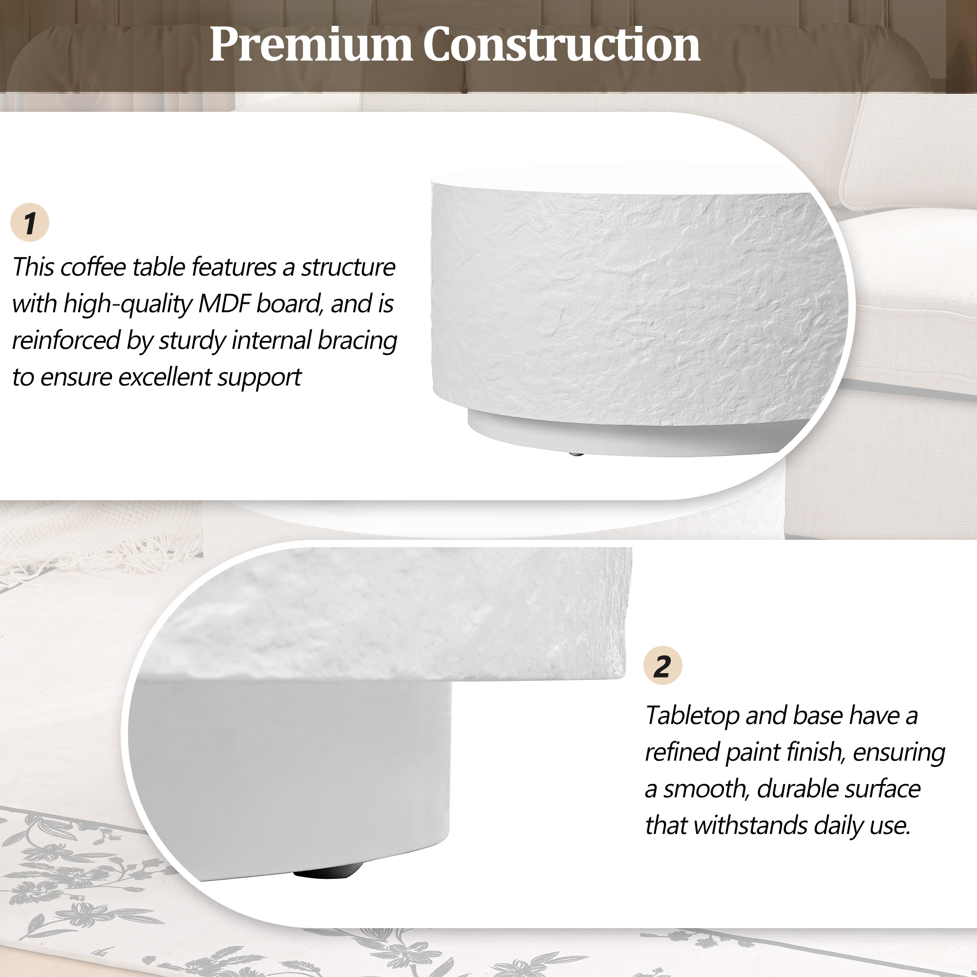 Euroco 27.5" Round Coffee Table with Imitation Stone Design, Modern Drum Center Table With Pure Smooth Tabletop, Cement Stone Pattern End Table for Living Room, Bedroom