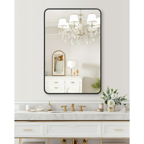 COZONY 24*36inch Black Aluminum Frame Bathroom Mirror, HD Glass Wall-Mounted Rectangle Mirror w/ Curved Corners