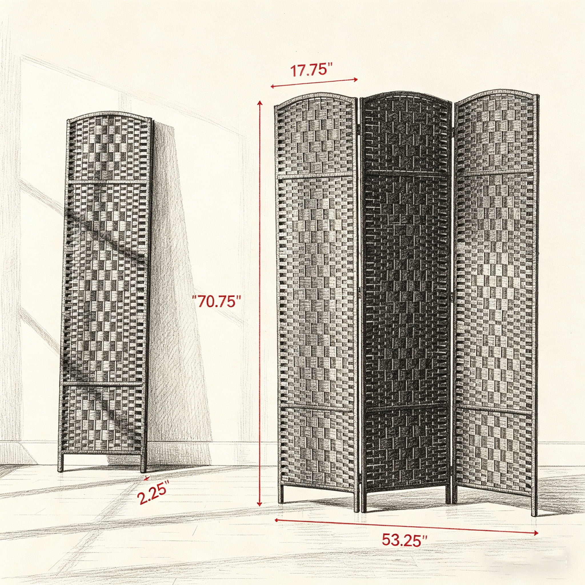 3-Panel Folding Room Divider, Wicker Woven Privacy Screen with Arched Top, Solid Poplar Wood Frame, Lightweight Portable Partition for Home Decor, Coffee