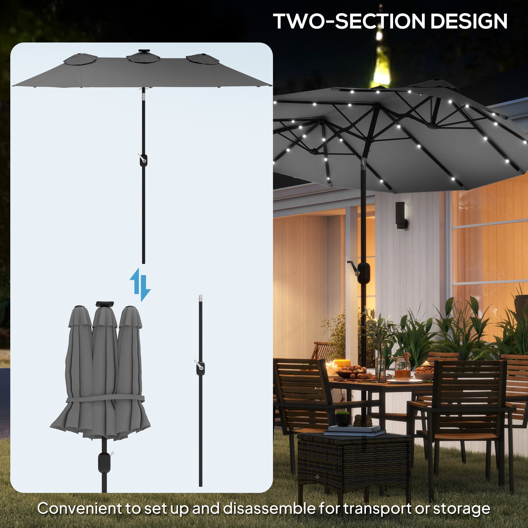 Outsunny 9.7' Double-sided Patio Umbrella with LED Solar Light, Tilt and Crank, Outdoor Umbrella, Gray