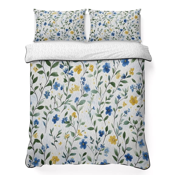 Twin XL Quilt Set 68''x98'', Blue Yellow Spring Floral Lightweight Bedspread Coverlet Set with 2 Pillow Shams, Elegant Summer Botanical Green Breathable All Season Quilt Bedding for Dorm/Guest Room