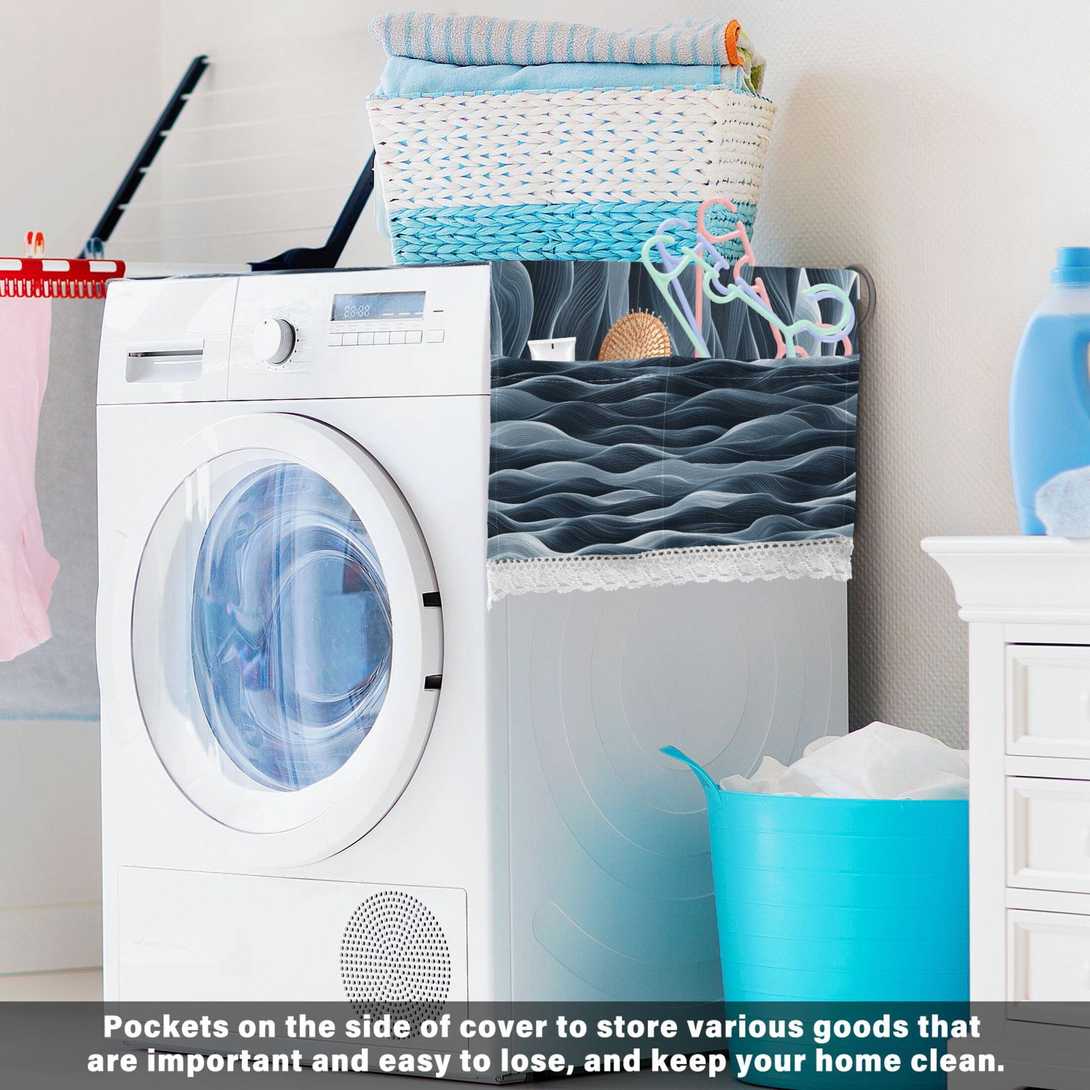 Dustproof Washing Machine Cloth Washer and Dryer Top Covers, Fridge Dust Cover, With Storage BagsNavy Blue Waves