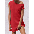 thumbnail image 4 of Vestido Mini de Punto Elástico con Hombros Descubiertos y Mangas para Mujer, Vestido Holgado para Vacaciones, Atuendo Liso. Rojo S, 4 of 7