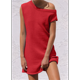 thumbnail image 4 of Vestido Mini de Punto Elástico con Hombros Descubiertos y Mangas para Mujer, Vestido Holgado para Vacaciones, Atuendo Liso. Rojo S, 4 of 7