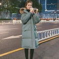 thumbnail image 6 of Winter Women Cotton Jacket with Furry Hood Long Sleeves Pockets Heat Retention Knee Length Zip-up Padded Coat Solid Color Windproof Outwear Parka, 6 of 8