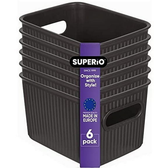 Superio Small Ribbed Plastic Storage Basket Organizer (6 Pack), 1.5 Mini Brown Closet Storage bin for Shelf, Pantry, Office, and Cosmetics