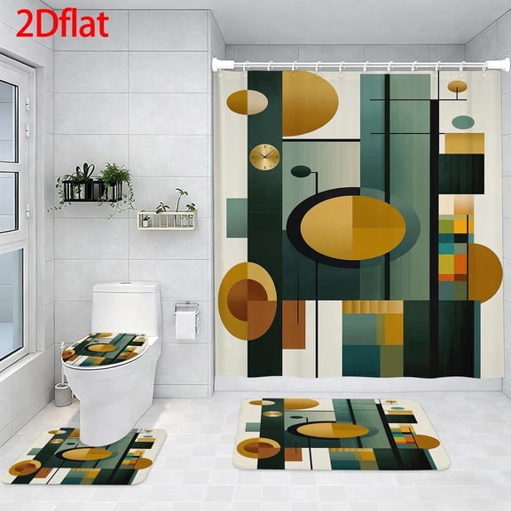 Contemporary Shower Curtain Set, 4 Piece, 71 x 71 inches, Waterproof Polyester, with Toilet Lid Cover and 12 Hooks