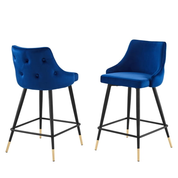 Counter Stool Chair, Set of 2, Velvet, Blue Navy, Modern Contemporary Urban Design, Bar Pub Cafe Bistro Hotel Restaurant Hospitality