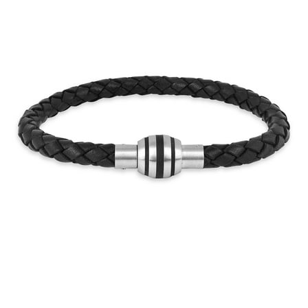 Mens Braided Leather Bracelet-Stainless Steel Genuine Black Leather Bracelet for Mens Jewelry Gift