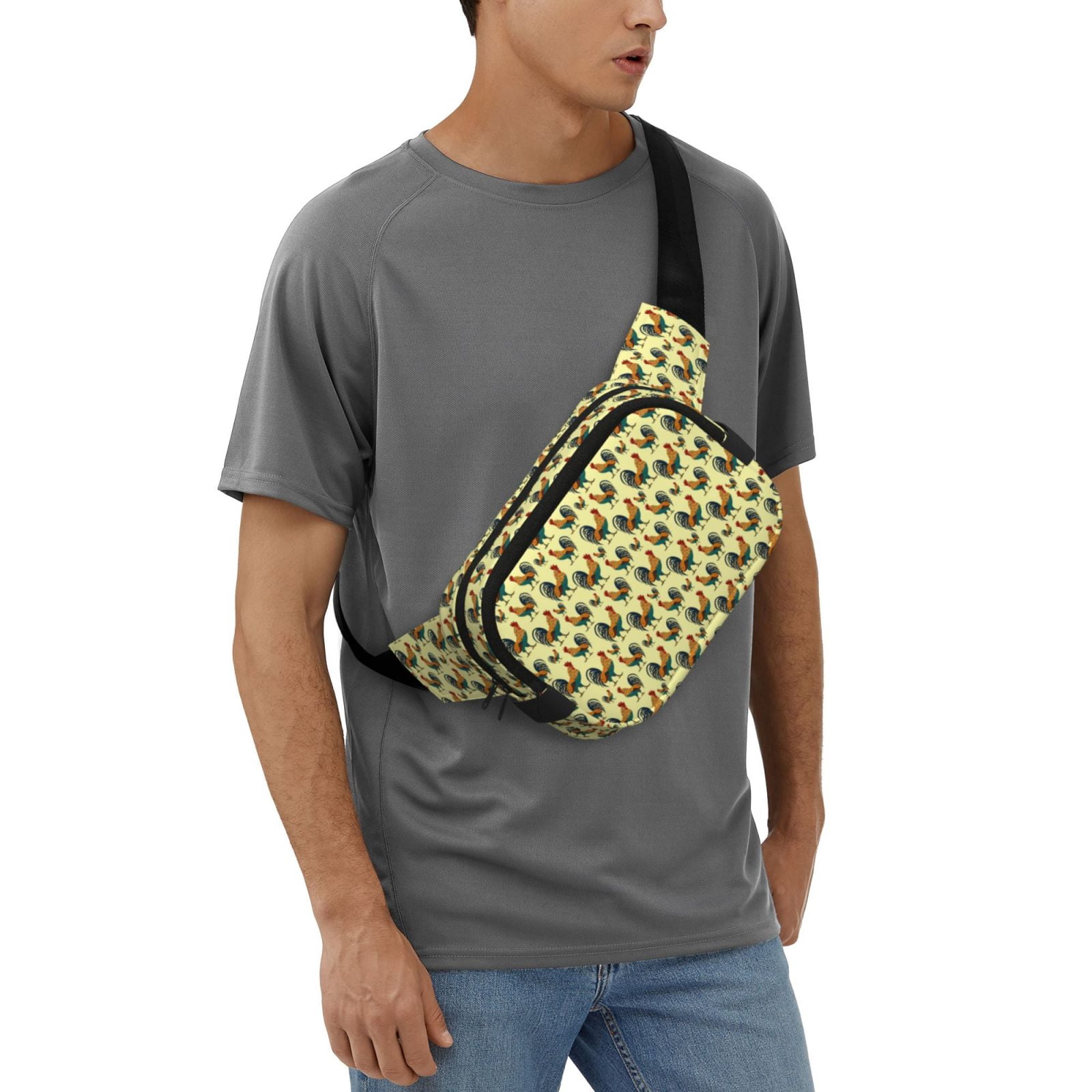 Picia Roosters In Farm Print Square Double-Layer Waist Bag Mini Adjustable Waist Belt Bag Exercise Running Travel Hiking
