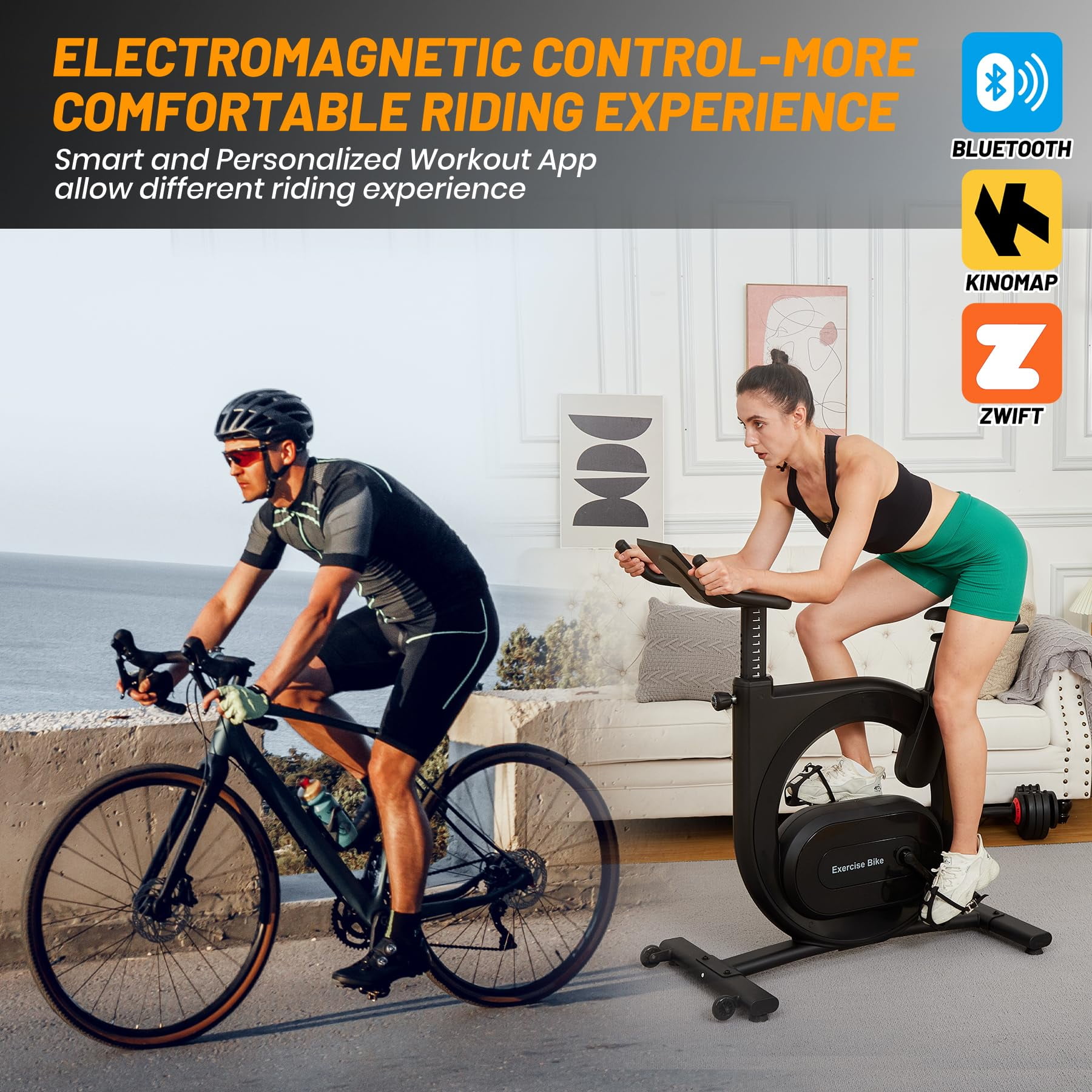 Towallmark Stationary Indoor Exercise Bike – Electromagnetic Resistance, Low Noise, Smart Knob Control, App Compatible, Upgraded Comfortable Seat for Home Cycling