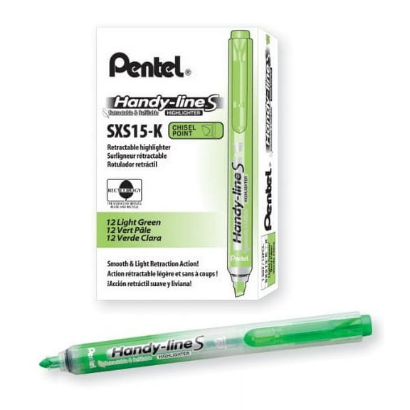 Pentel Handy-Line S Retractable and Refillable Chisel Tip Highlighter, Light Green Ink, Box of 12 (SXS15-K)