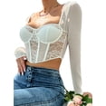 thumbnail image 5 of Lnzyyephy Women’s Corset Crop Tops, Long Sleeve Lace Patchwork Solid Color Asymmetrical Bustier T-Shirts, 5 of 8