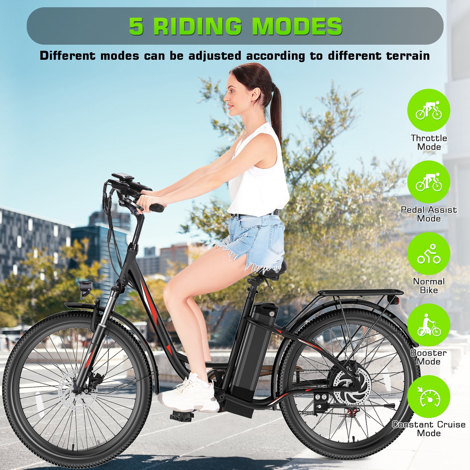 Elifine 26" Electric Bike, 500W Adult Electric City Bike with 48V 7.8Ah 374.4Wh Battery, Low-Step Thru Hybrid Cruiser Electric Bicycle, Shimano 7 Speed Commuter Ebike for Adults Women,5 Modes, UL2849