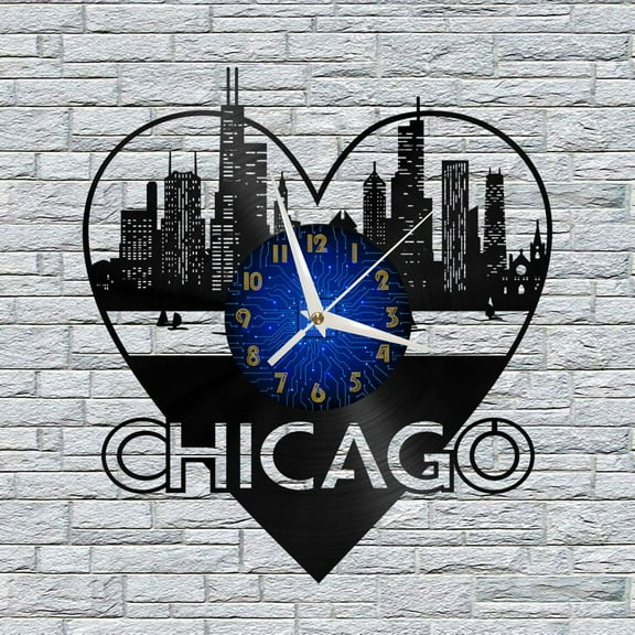 Chicago Cityscape 3 12 Inch Vinyl Record Wall Clock - Silent, Creative, and Unique Clock for Living Room, Entryway, or Bedroom Decor - Perfect Gift Idea(12 inchs B without LED)